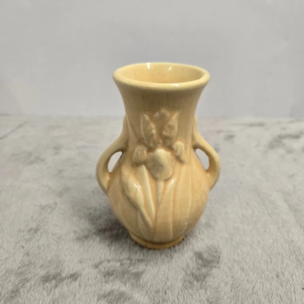 Vintage USA Pottery Yellow Iris Bud Vase Double Handle 4.5 Inch Crazed Glaze